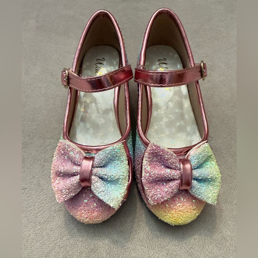 Girls Rainbow Glitter Heels Size 11 Dress Up Party Shoes Bow Easy On/Off